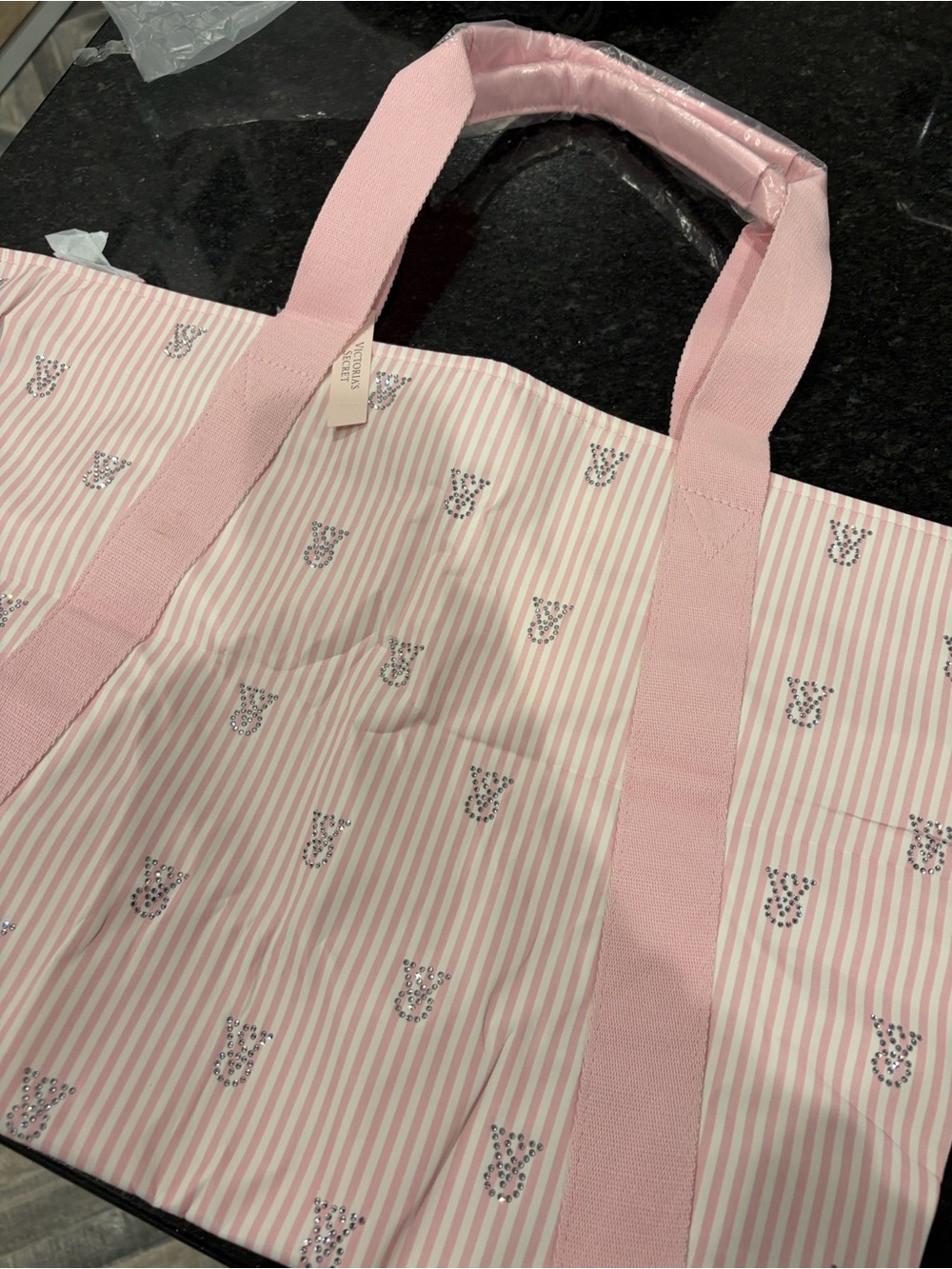 Victoria's Secret Large Pink and White Striped Tote Bag with Crystal logos  NEW!